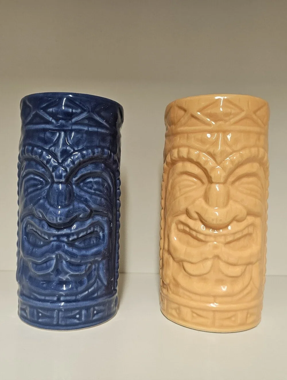 Home Tiki Blue and Peach Ceramic Bar Glass/Mug Pair - (Qty 2)